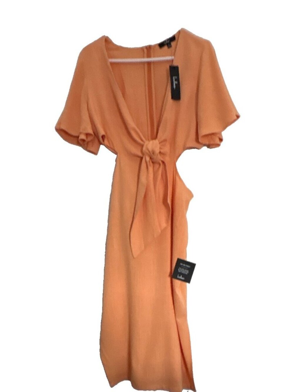 Lulus Peach Vacation ResortSolid V-Neck Knot Tie Front Side Slit Midi Dress Sz L